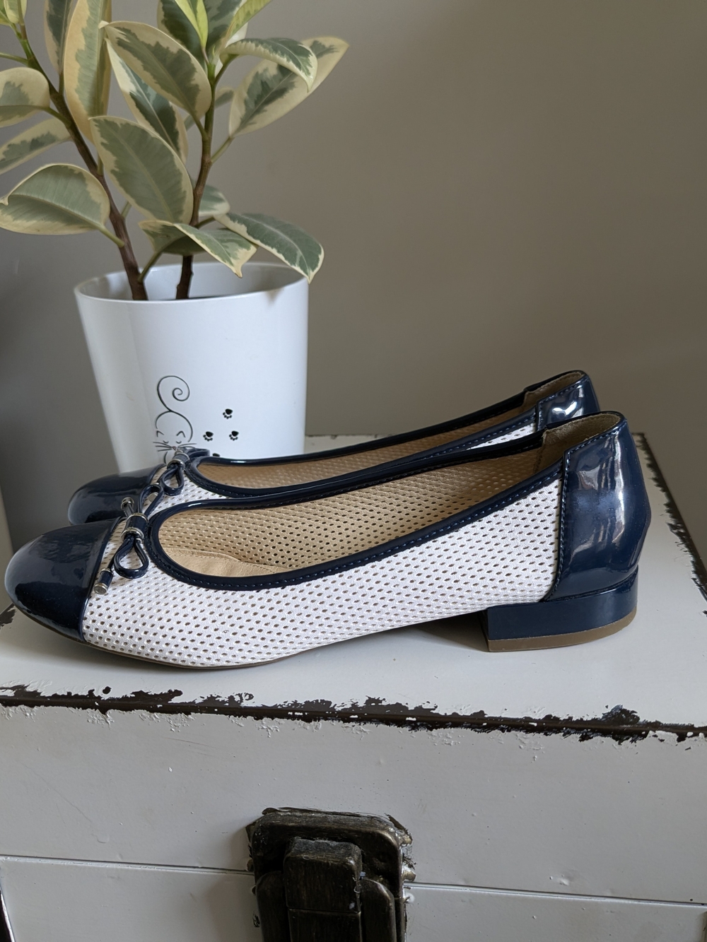 Geox Two-Tone Navy and White Mesh Ballet Flats with Patent Trim
